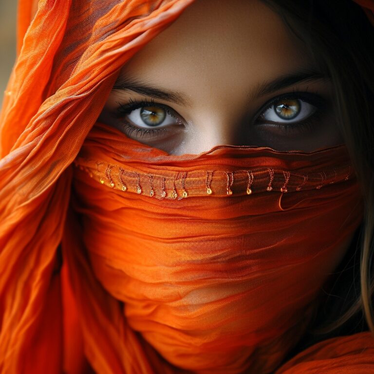 A captivating closeup of a mysterious traveller, their face partially obscured by a flowing orange scarf, their eyes filled with wisdom and adventure