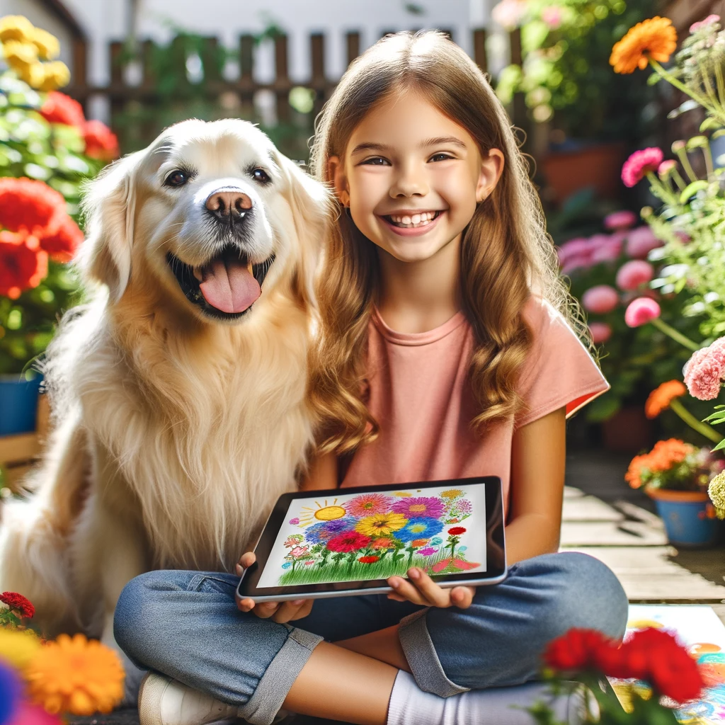 DALL·E 2023 12 06 18.33.20 a joyful 10 year old girl with her friendly golden retriever both sitting in a colorful garden full of flowers. The girl is smiling broadly holding