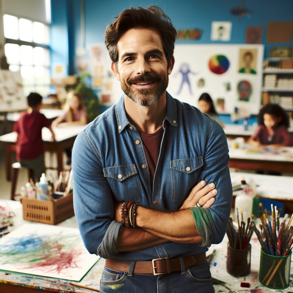 DALL·E 2023 12 06 18.48.46 a male art teacher in his mid 40s exuding a creative and inspirational vibe. He is in a classroom setting surrounded by various art supplies and stu