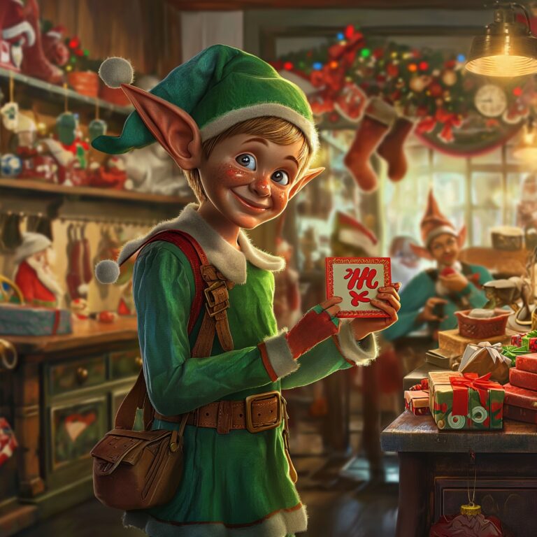 A cartoon of a elf holding a card in a store Description automatically generated